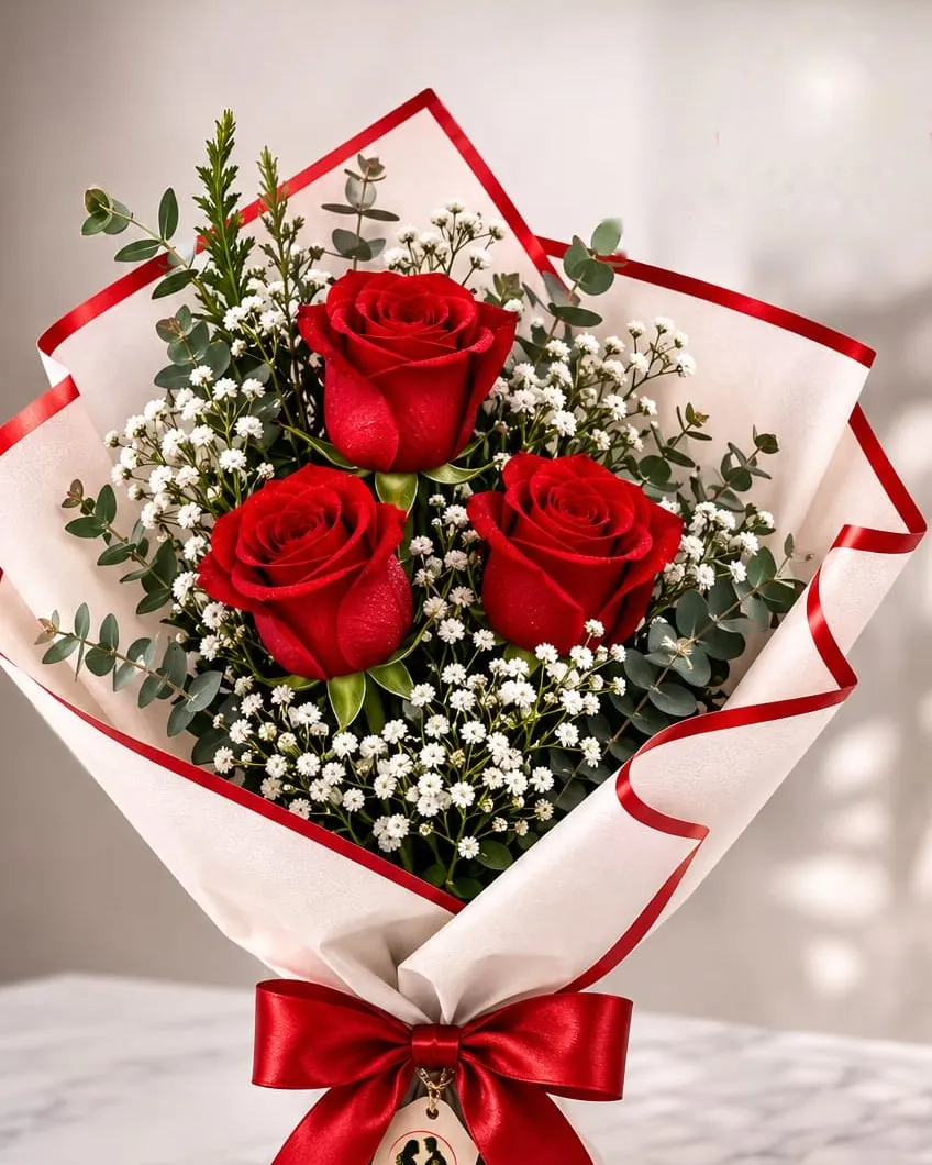 Ramo de tres rosas rojas con paniculata y eucalipto en papel blanco con borde rojo y cinta roja