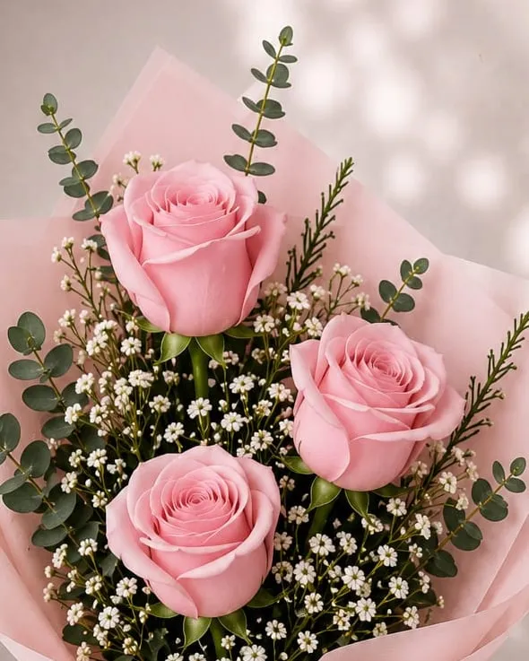 Detalle: ramo de tres rosas rosadas con paniculata y eucalipto en papel rosado con cinta rosada