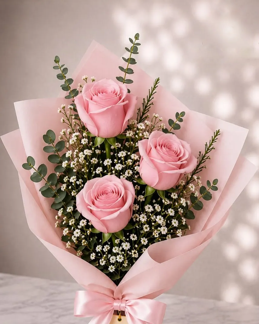Ramo de tres rosas rosadas con paniculata y eucalipto en papel rosado con cinta rosada