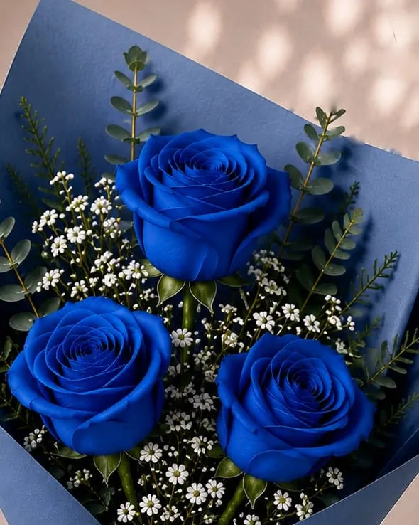 Detalle: ramo de tres rosas azules con paniculata y eucalipto en papel azul con cinta azul