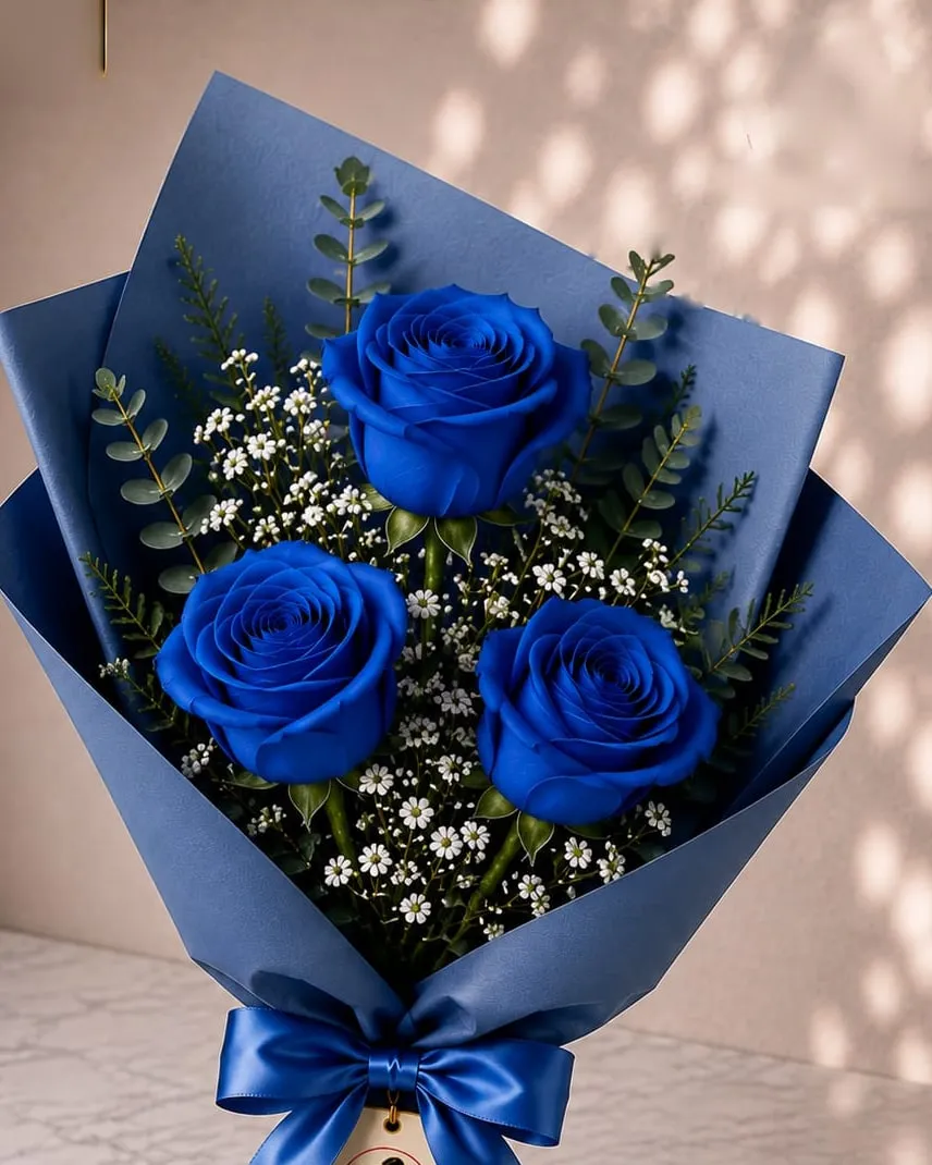 Ramo de tres rosas azules con paniculata y eucalipto en papel azul con cinta azul