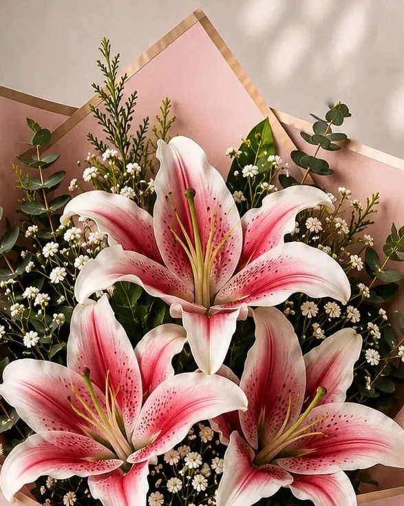 Detalle: ramo de tres lilium rosados con paniculata en papel rosado con cinta rosada