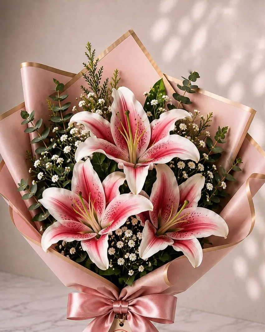 Ramo de tres lilium rosados con paniculata en papel rosado con cinta rosada
