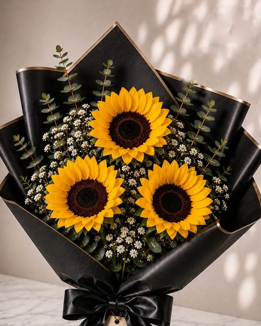 Ramo de tres girasoles con paniculata y eucalipto en papel negro con cinta negra