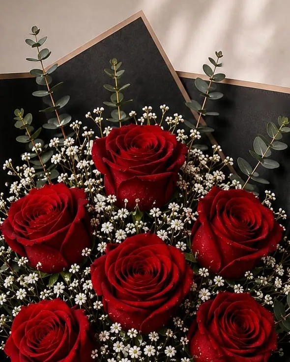Detalle: ramo de seis rosas rojas con paniculata y eucalipto en papel negro con cinta negra