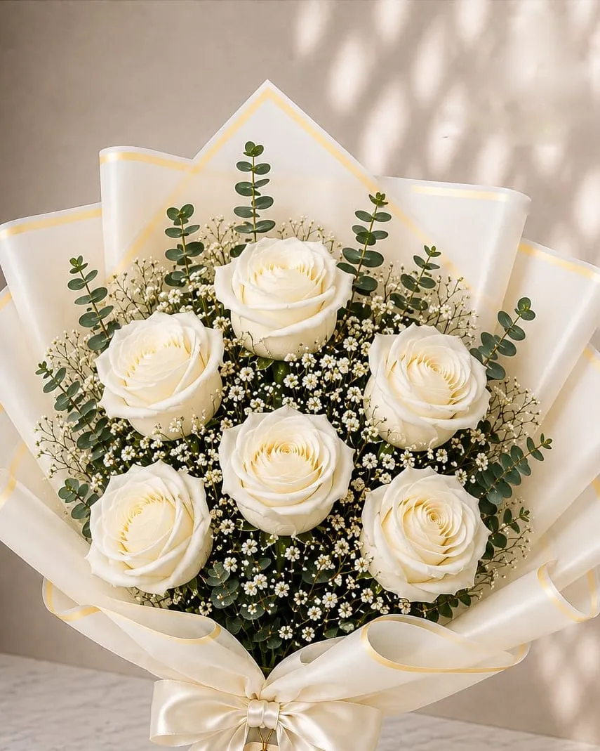 Ramo de seis rosas blancas con paniculata y eucalipto en papel crema con cinta crema