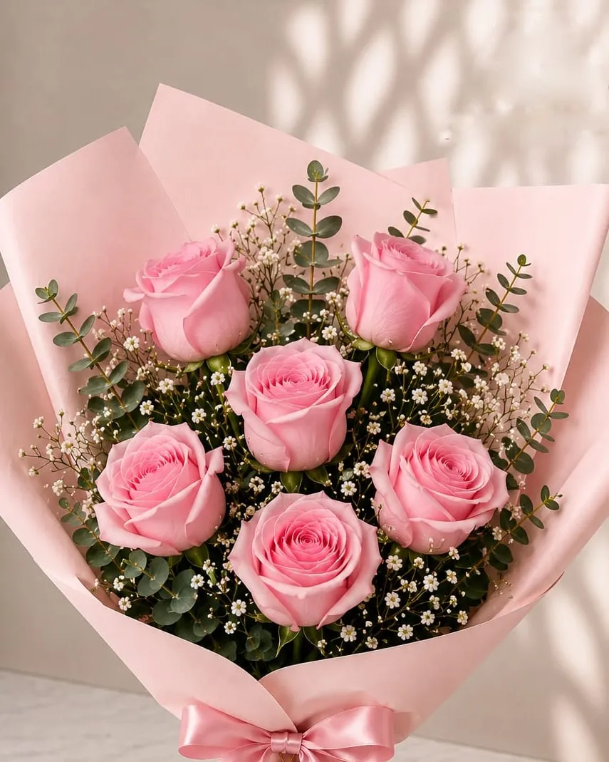 Ramo de seis rosas rosadas con paniculata y eucalipto en papel rosado con cinta rosada