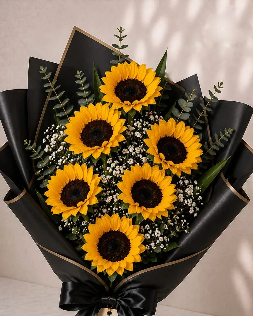 Ramo de seis girasoles con paniculata y eucalipto en papel negro con cinta negra