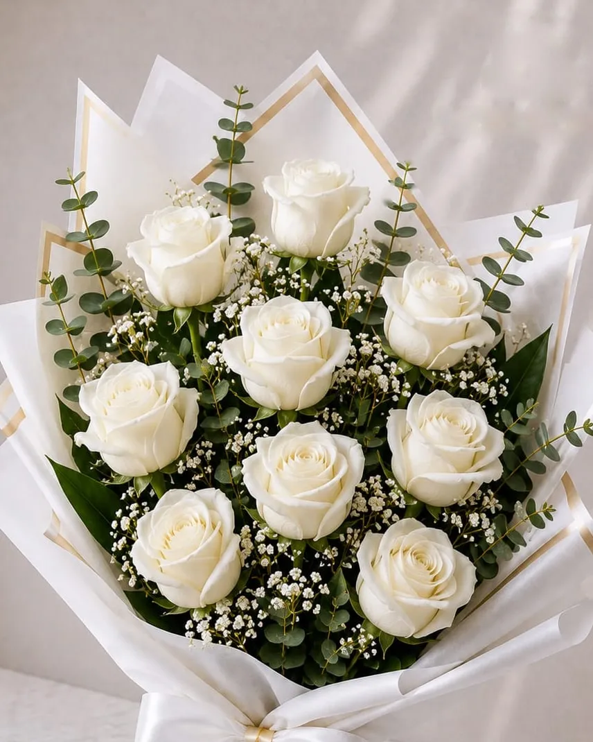 Ramo de nueve rosas blancas con paniculata y eucalipto en papel blanco con cinta blanca