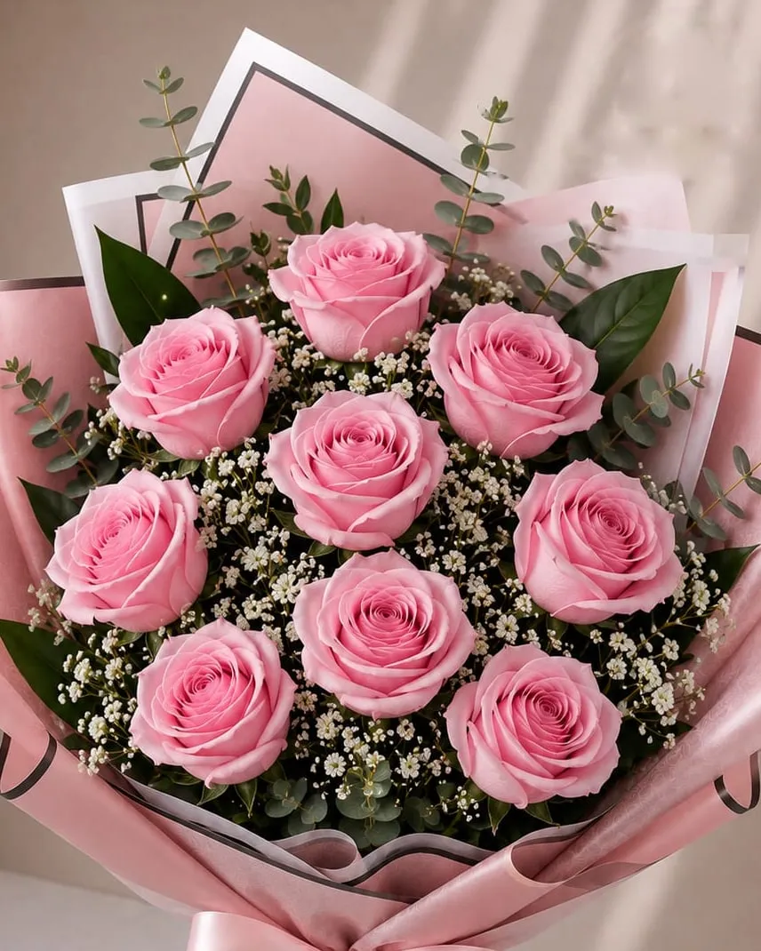 Ramo de nueve rosas rosadas con paniculata y eucalipto en papel rosado con cinta rosada