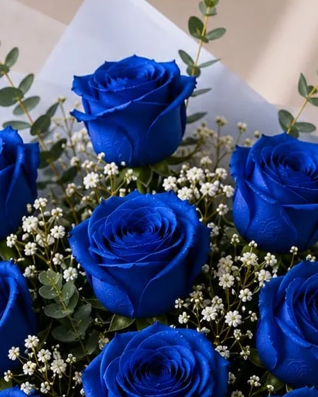 Detalle: ramo de nueve rosas azules con paniculata y eucalipto en papel blanco con cinta azul