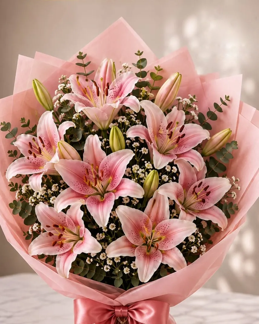 Ramo grande de lilium rosados con paniculata y eucalipto en papel rosado con cinta rosada
