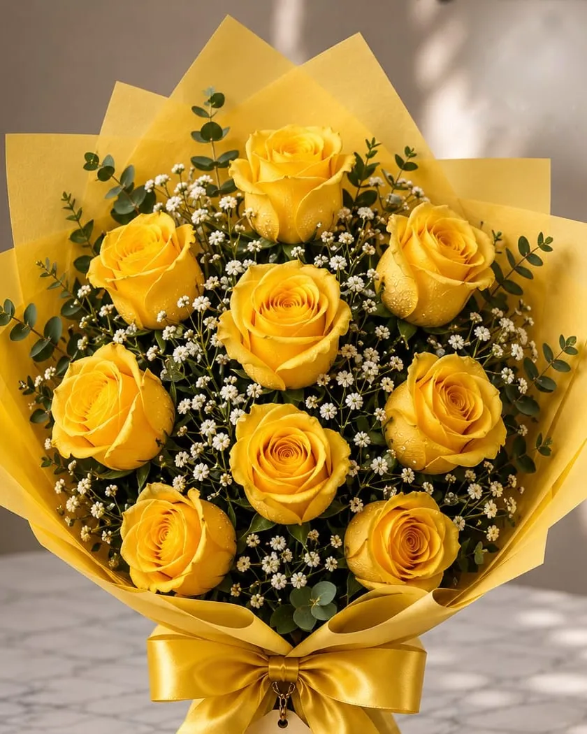 Ramo de nueve rosas amarillas con paniculata y eucalipto en papel amarillo con cinta amarilla