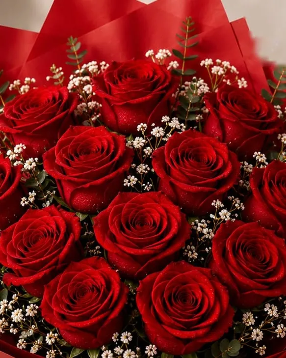 Detalle: ramo de doce rosas rojas con paniculata y eucalipto en papel rojo con cinta roja