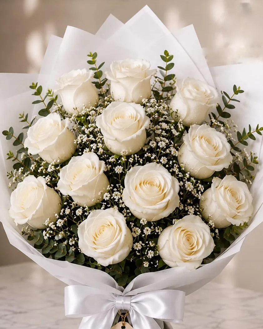 Ramo de doce rosas blancas con paniculata y eucalipto en papel blanco con cinta blanca