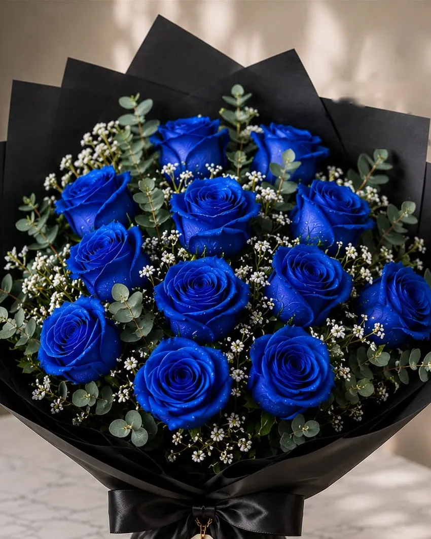 Ramo de doce rosas azules con paniculata y eucalipto en papel negro con cinta negra