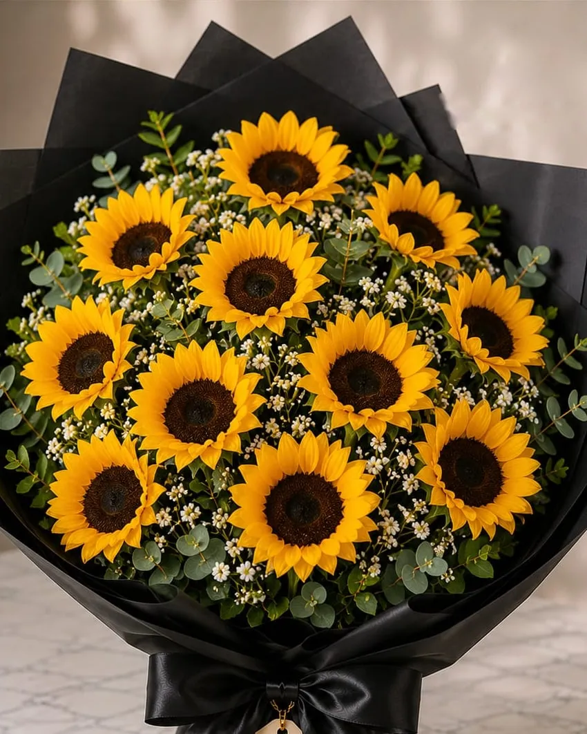 Ramo de doce girasoles con paniculata y eucalipto en papel negro