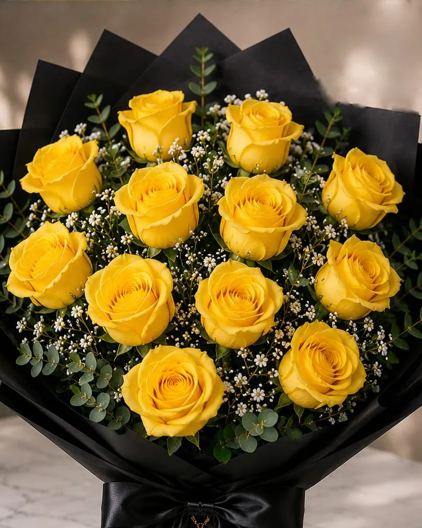Ramo de doce rosas amarillas con paniculata y eucalipto en papel negro con cinta negra