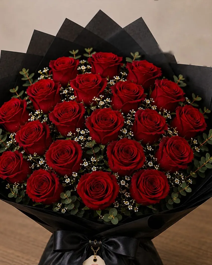 Ramo de veinticuatro rosas rojas con paniculata y eucalipto en papel negro con cinta negra