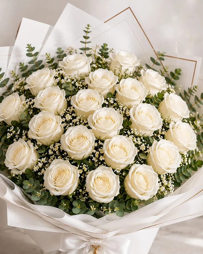 Ramo de veinticuatro rosas blancas con paniculata y eucalipto en papel blanco con cinta blanca