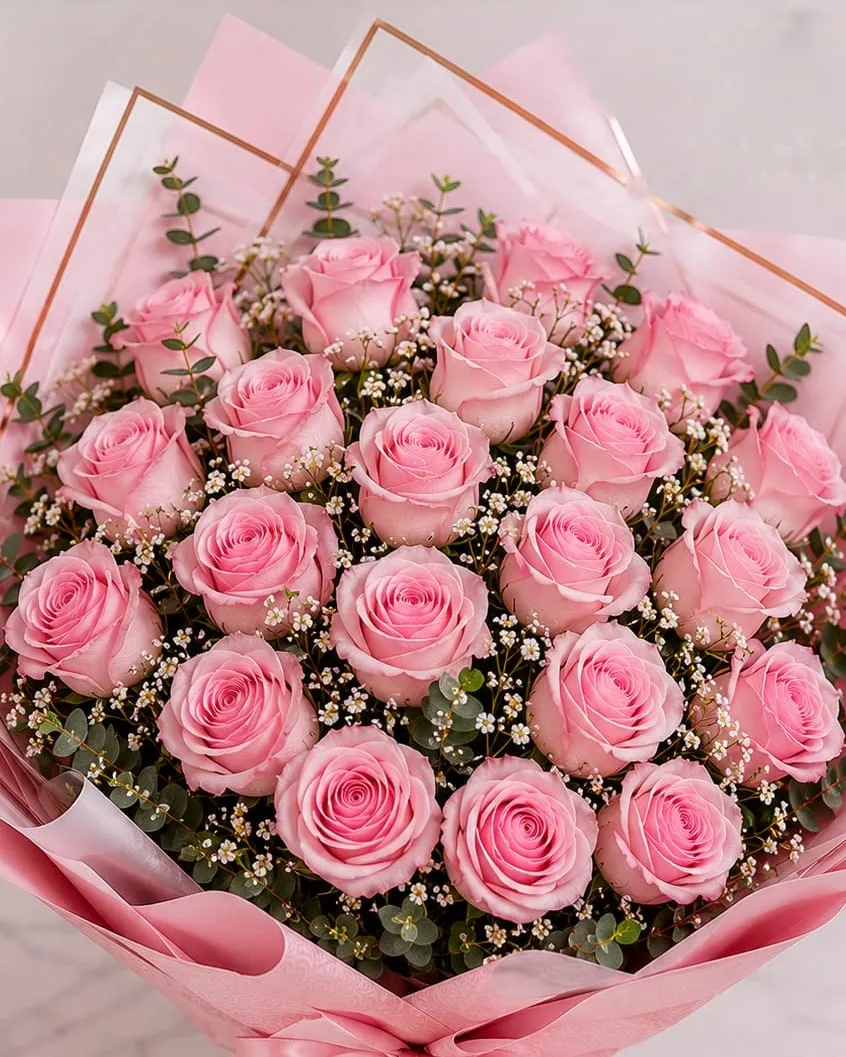 Ramo de veinticuatro rosas rosadas con paniculata y eucalipto en papel rosado con cinta rosada