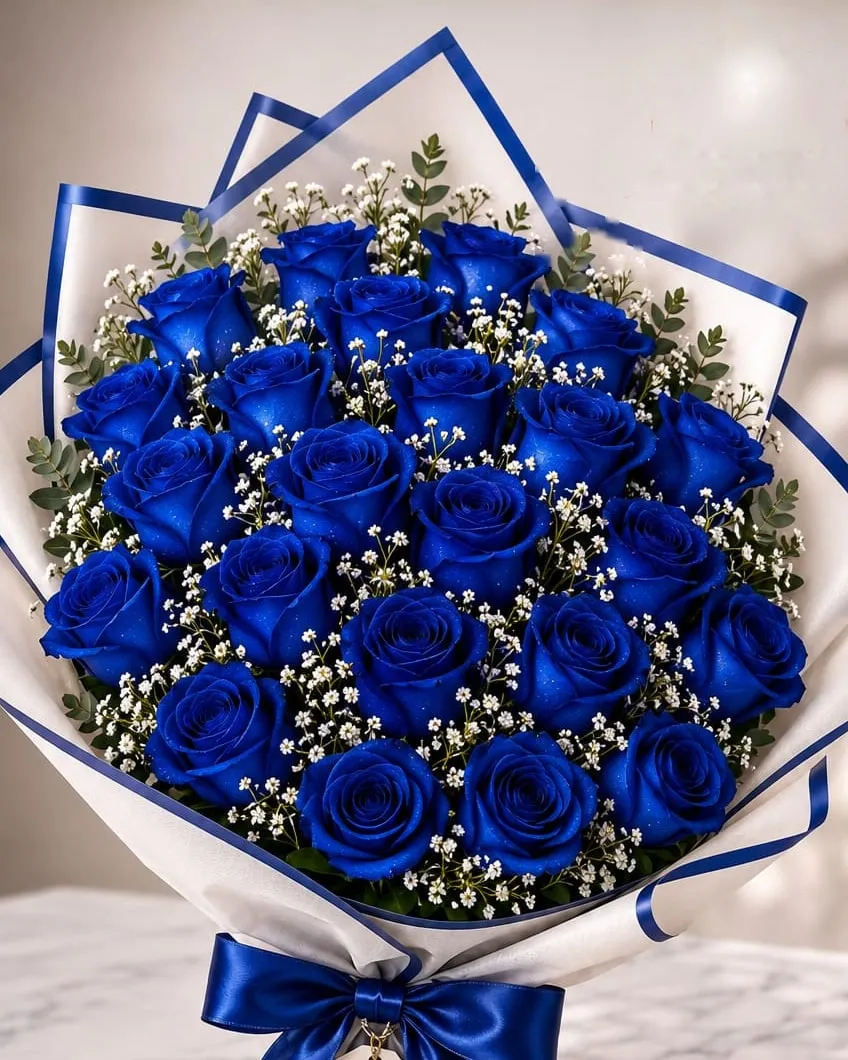 Ramo de veinticuatro rosas azules con paniculata y eucalipto en papel blanco con borde azul