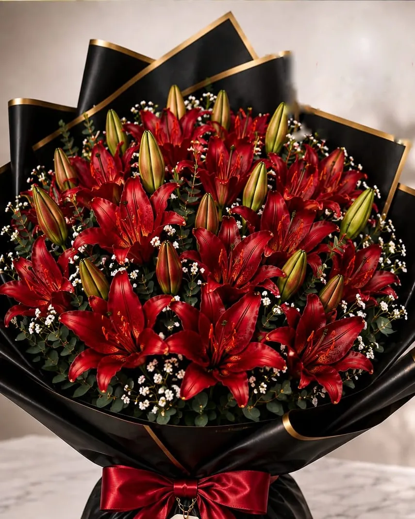 Gran ramo de lilium rojos con paniculata en papel negro con cinta roja
