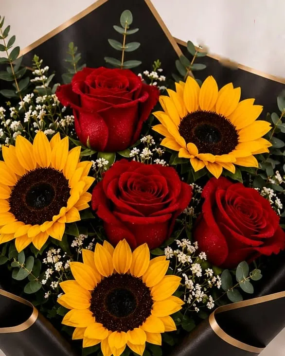 Detalle: ramo de rosas rojas y girasoles con paniculata en papel negro con cinta roja