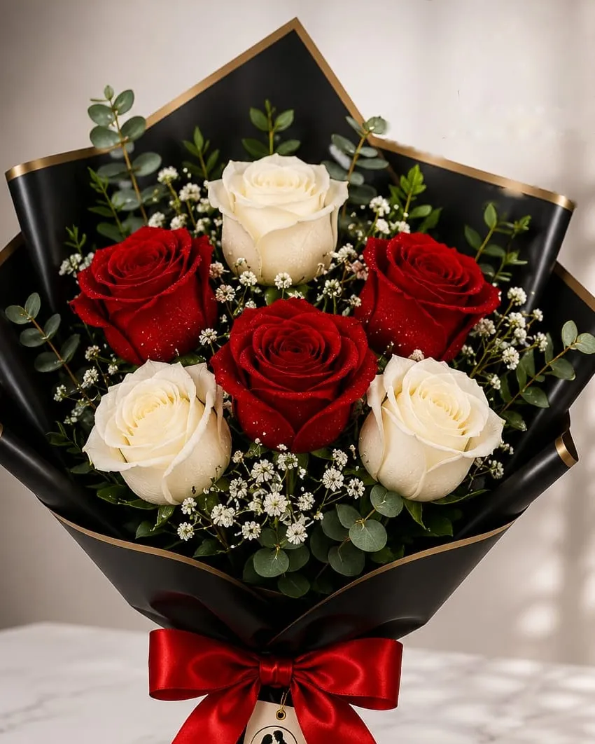 Ramo de rosas rojas y blancas con paniculata en papel negro con cinta roja