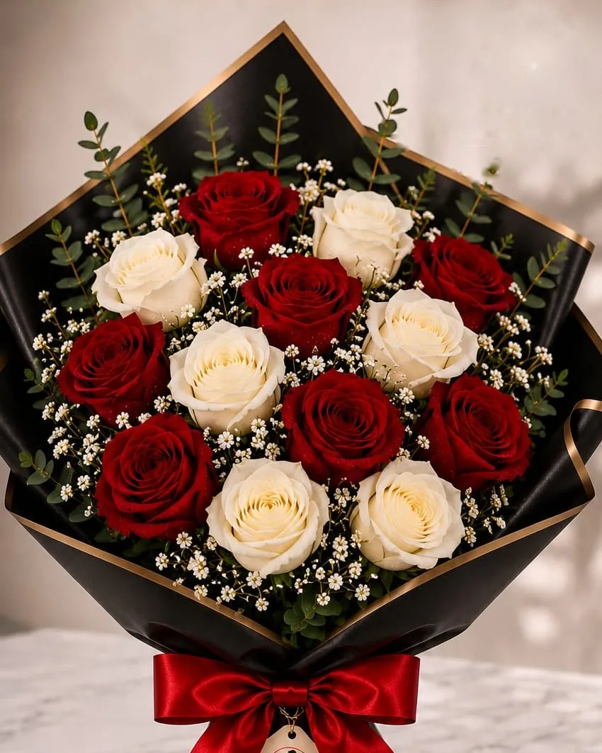 Ramo grande de rosas rojas y blancas con paniculata en papel negro con cinta roja