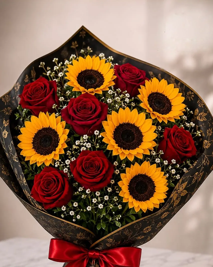 Ramo grande de rosas rojas y girasoles con paniculata en papel negro con detalles dorados y cinta roja