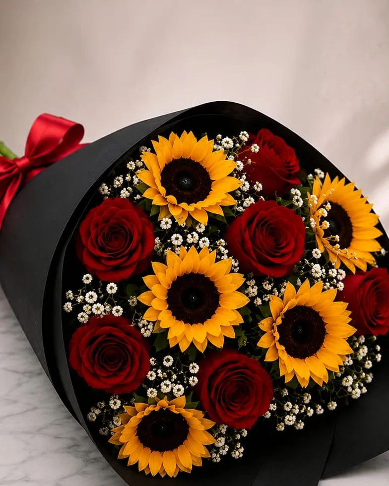 Ramo de brazo de rosas rojas y girasoles con paniculata en envoltura negra con cinta roja