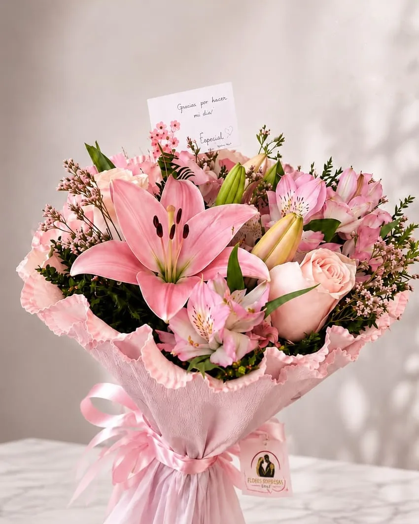 Ramo de lilium, rosas y alstroemerias rosadas en papel rosa con cinta rosada