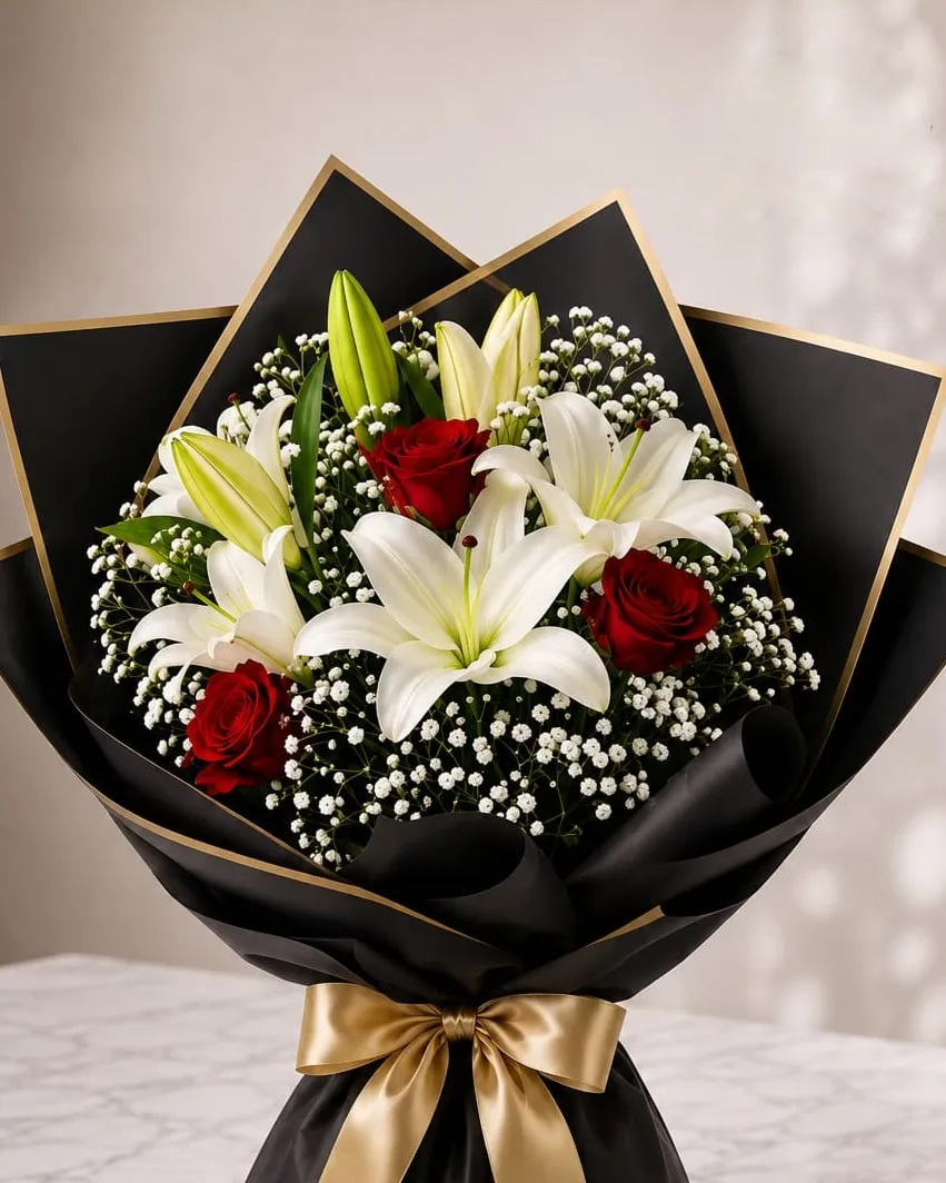 Ramo de rosas rojas y lilium blancos con paniculata en papel negro con cinta dorada