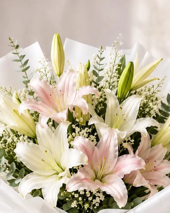 Detalle: ramo de lilium blancos y rosados con eucalipto en papel blanco con cinta crema