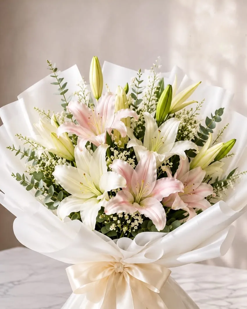 Ramo de lilium blancos y rosados con eucalipto en papel blanco con cinta crema