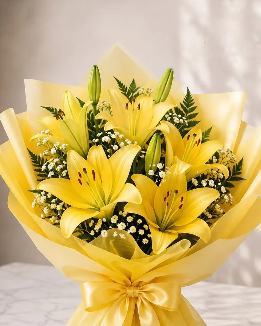Ramo de lilium amarillos con paniculata en papel amarillo con cinta amarilla