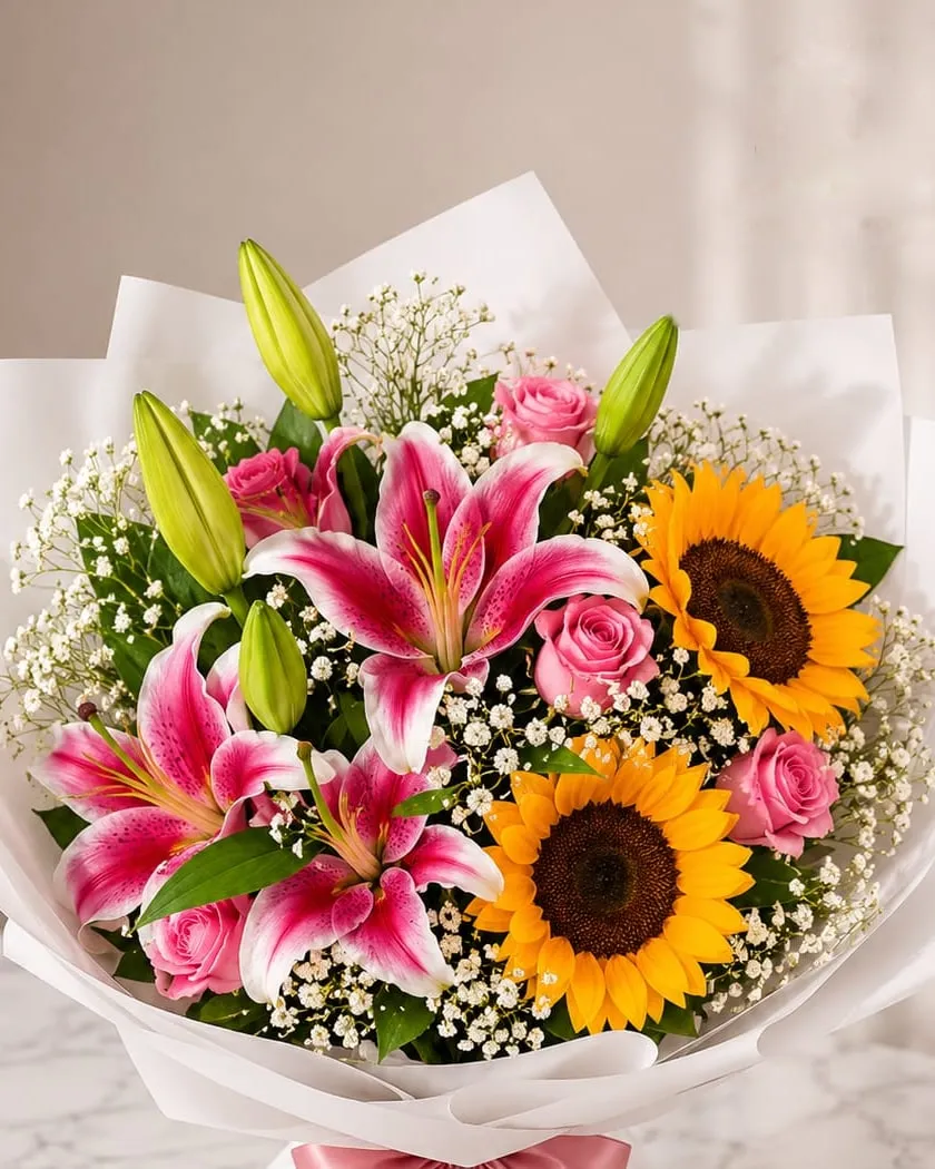 Ramo de lilium rosados, girasoles y rosas rosadas con paniculata en papel blanco con cinta rosada