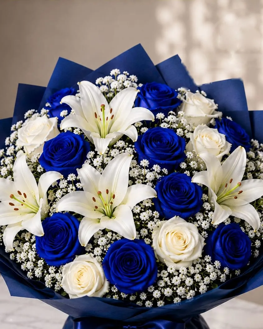 Ramo de rosas azules, rosas blancas y lilium blancos con paniculata en papel azul con cinta azul
