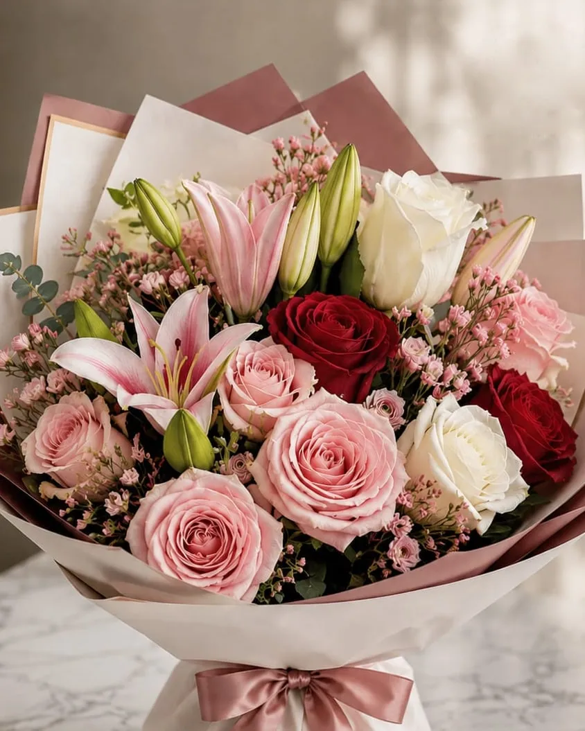 Ramo mixto de rosas rosadas, rojas y blancas con lilium rosados en papel rosa palo con cinta rosada