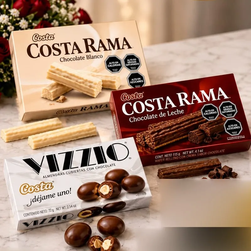 Cajas de Costa Rama chocolate blanco, Costa Rama chocolate de leche y Vizzio almendras cubiertas con chocolate