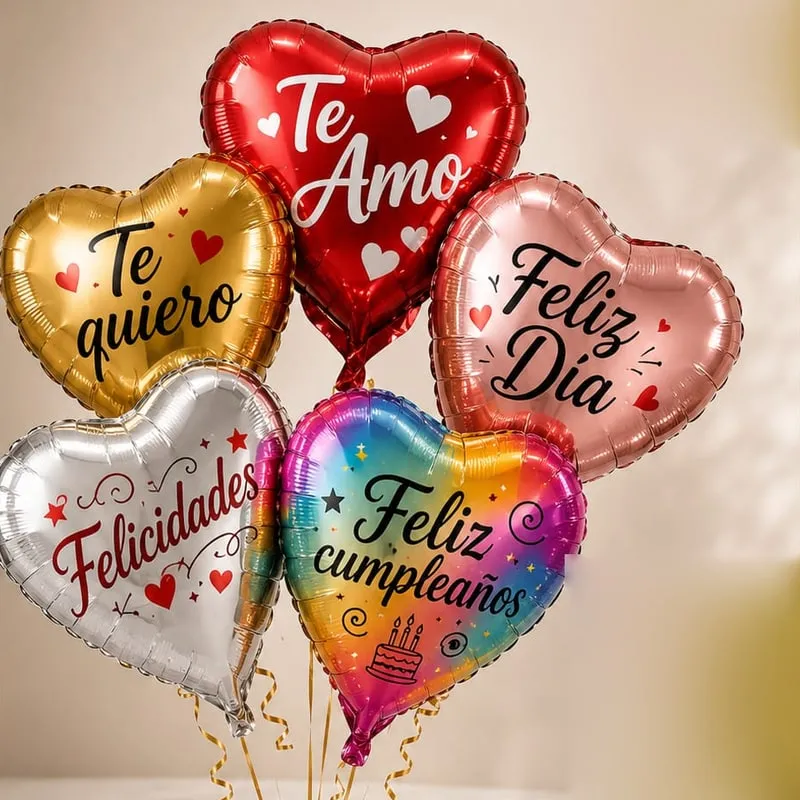 Globos metálicos con forma de corazón que dicen Te amo, Te quiero, Feliz día, Felicidades y Feliz cumpleaños