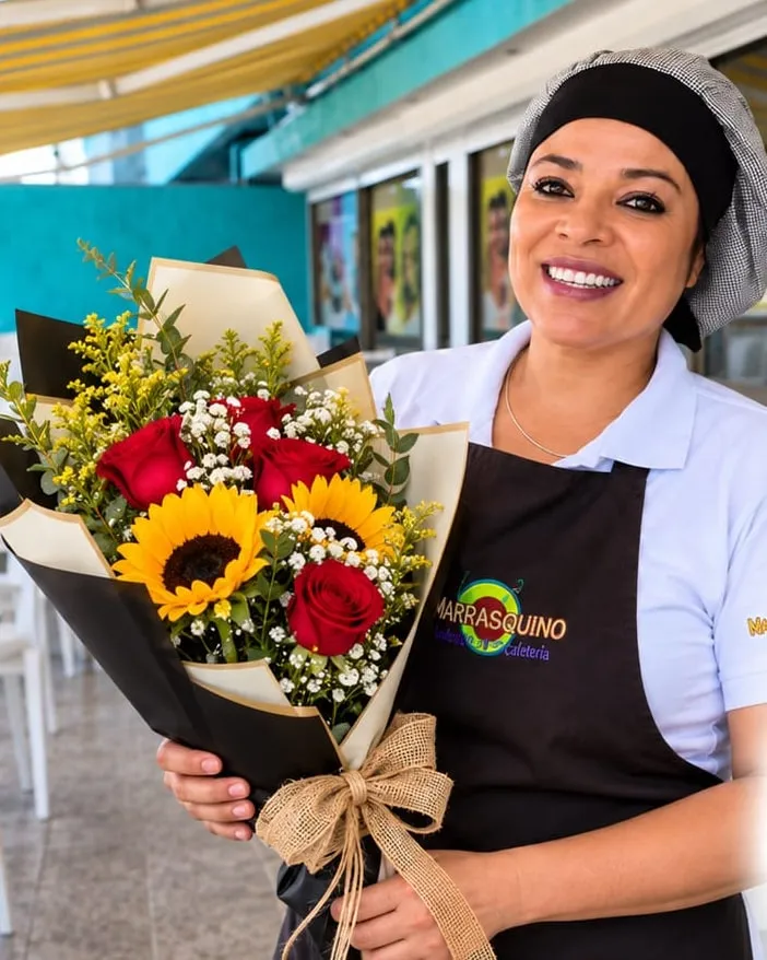 Mujer con delantal sonriendo con un ramo de rosas rojas y girasoles
