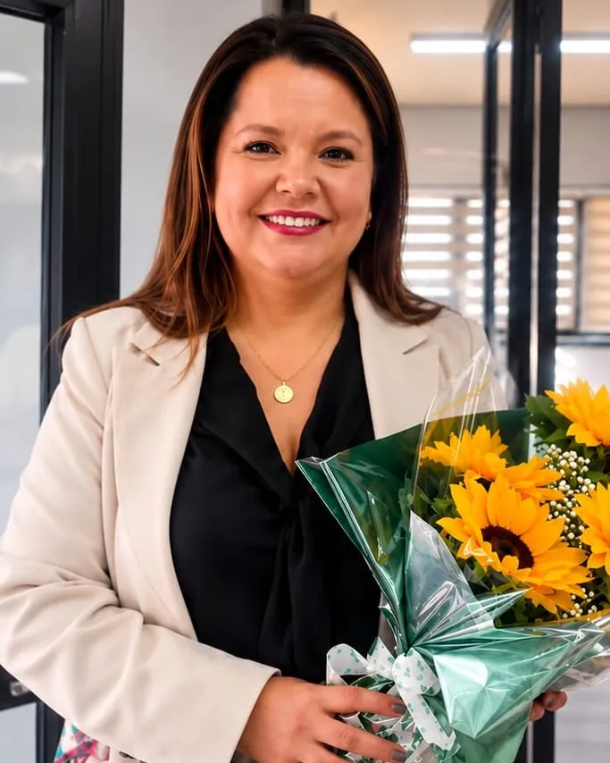 Mujer sonriendo con un ramo de girasoles en papel verde