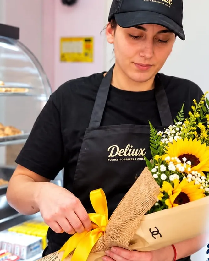Mujer con delantal recibiendo un ramo de girasoles en papel kraft