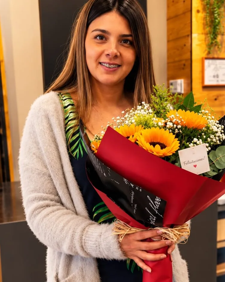Mujer con un ramo de girasoles en papel rojo