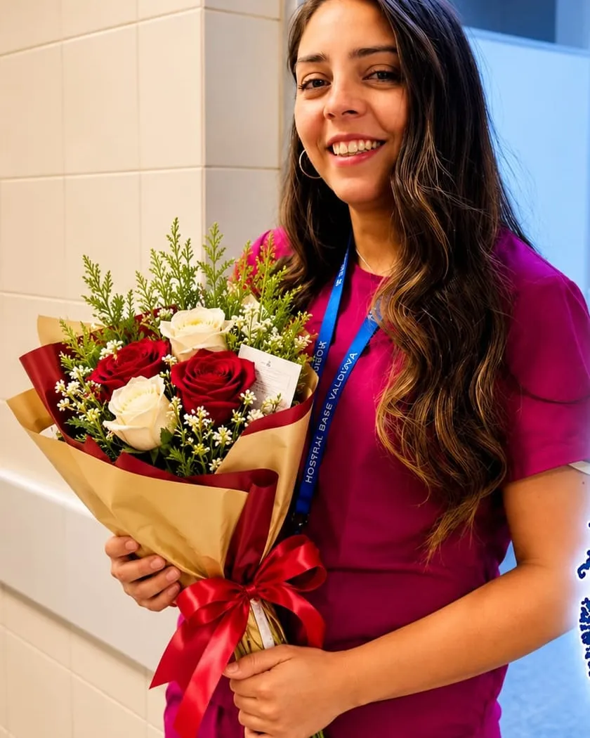 Mujer sonriendo con un ramo de rosas rojas y blancas